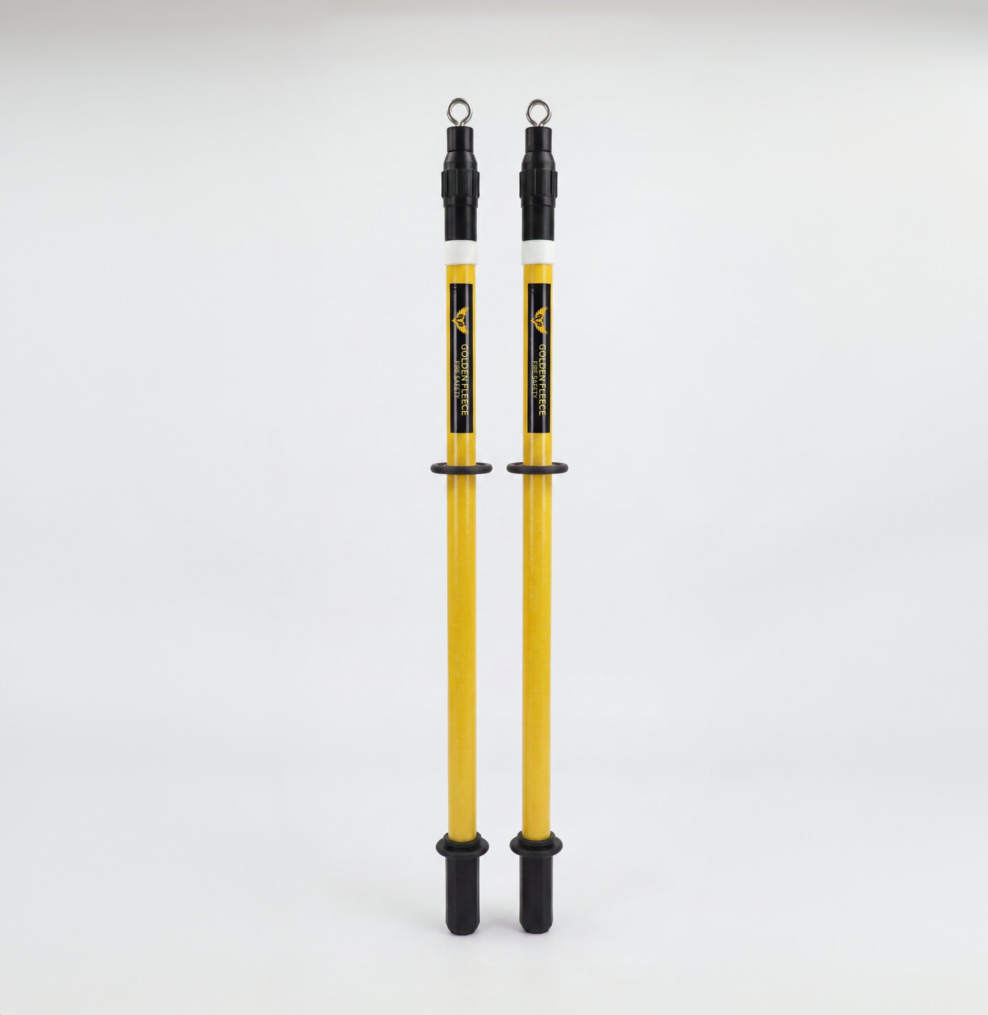 Pair of yellow Golden Fleece Fire Safety EV containment blanket deployment poles — telescopic poles with hooked ends for spreading the blanket from a safe distance.