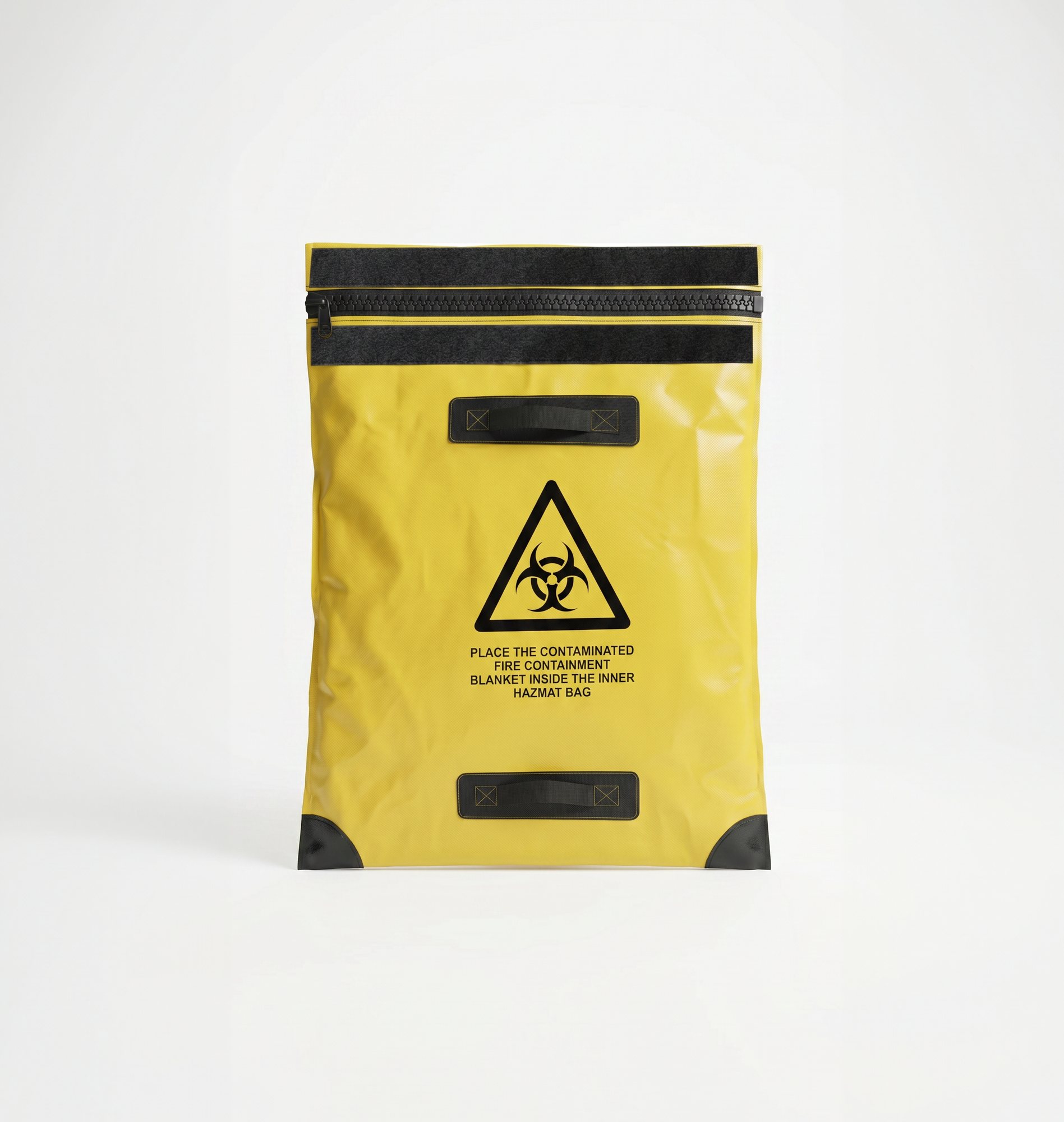 Yellow Golden Fleece Fire Safety inner hazmat bag with biohazard symbol and instruction to place the contaminated fire containment blanket inside the inner hazmat bag — for post-incident decontamination and HAZMAT recovery.