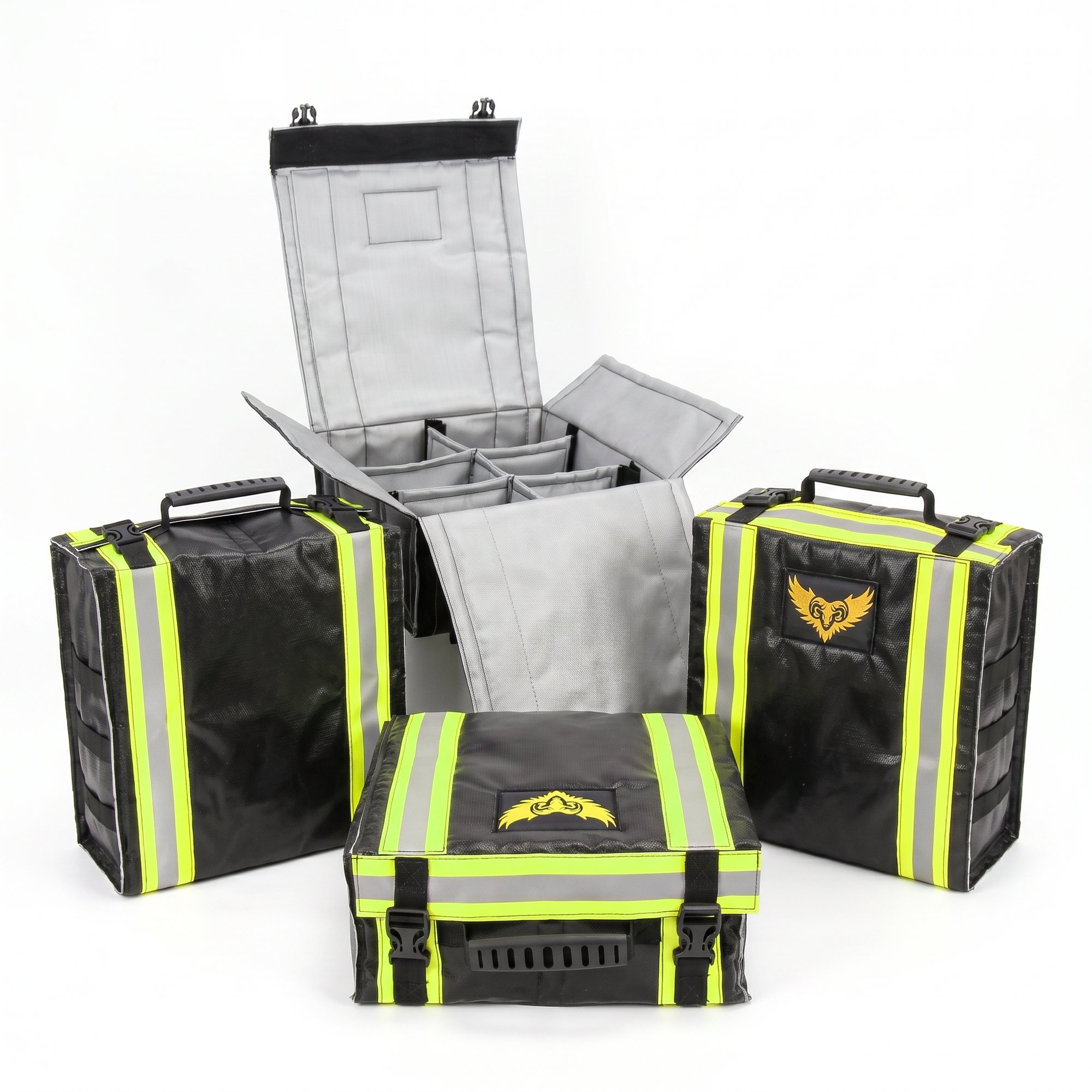 Golden Fleece Fire Safety lithium-ion battery containment bags — high-visibility fire-safe transport and storage bags with reflective stripes, ram-and-wings brand mark, internal dividers and fire-resistant liner for safe handling of lithium-ion batteries.