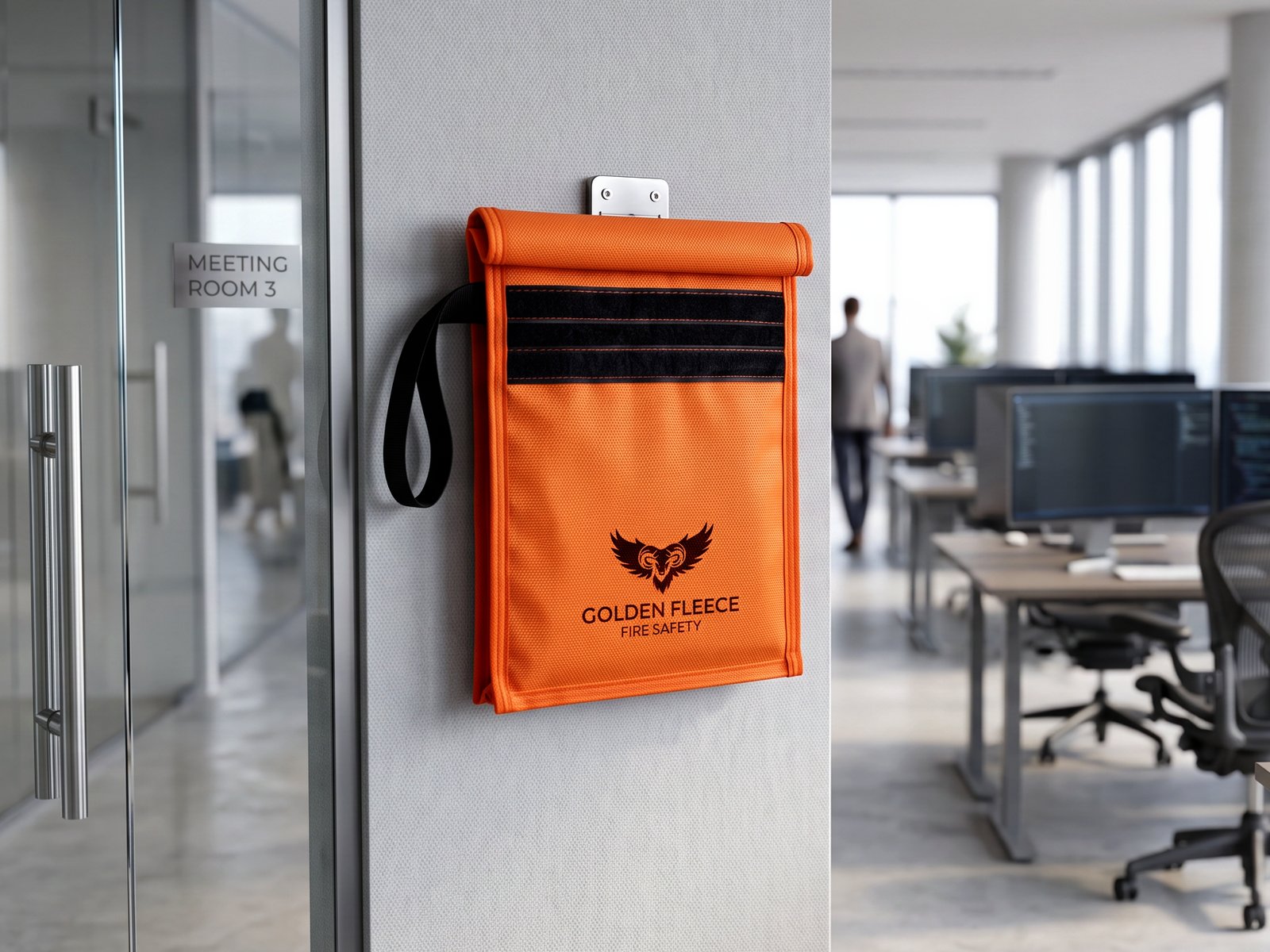Golden Fleece Fire Safety point-of-use isolation pouch mounted on an office wall beside a meeting room — high-visibility orange fire-resistant bag with the ram-and-wings brand mark and a carry strap, sited on the sharps-bin principle for immediate isolation of a suspect lithium-ion device.